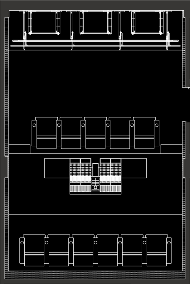 Floorplan of the mixing configuration, with Avid S6 M40 control surface in place at the Reference Listening Position (RLP).