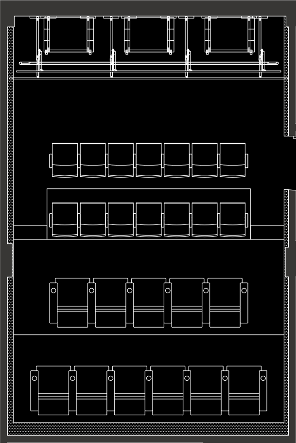 Floorplan of a screening configuration, with a mix of recliner and stadium seating for 25 people.