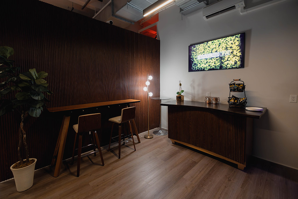 Inside the Post Lab One lounge area, viewed from the left.