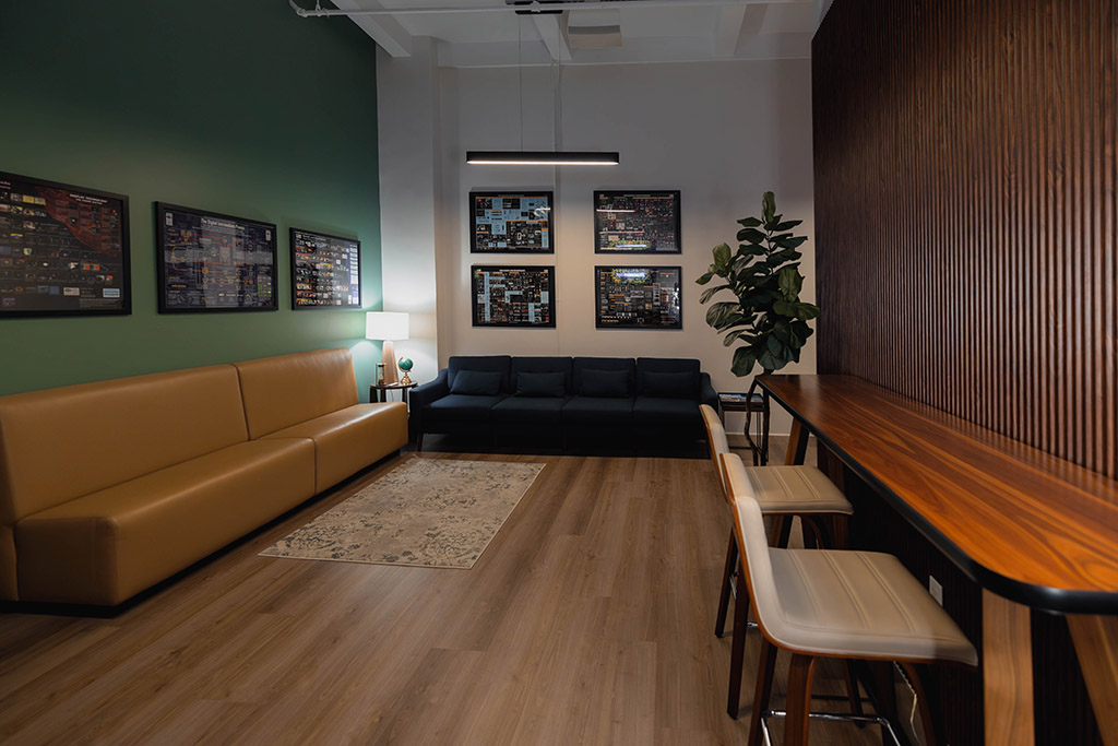 Inside the Post Lab One lounge area, viewed from the right.