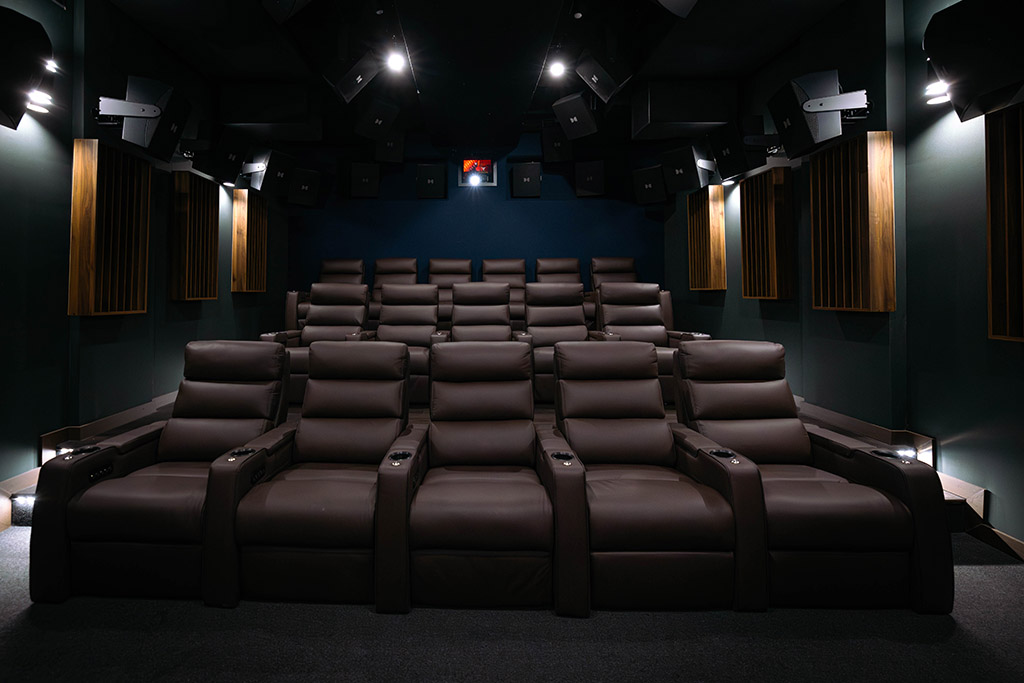 Stage One in the 16-seat screening configuration as seen from the front of the room.